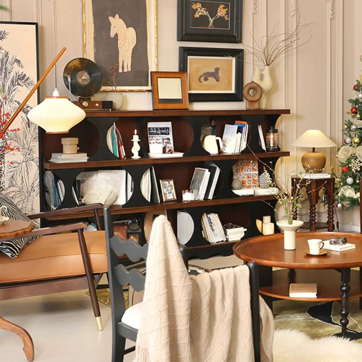 Black Brown Artistic Circular Open-Back Wide Bookcase Image - 4