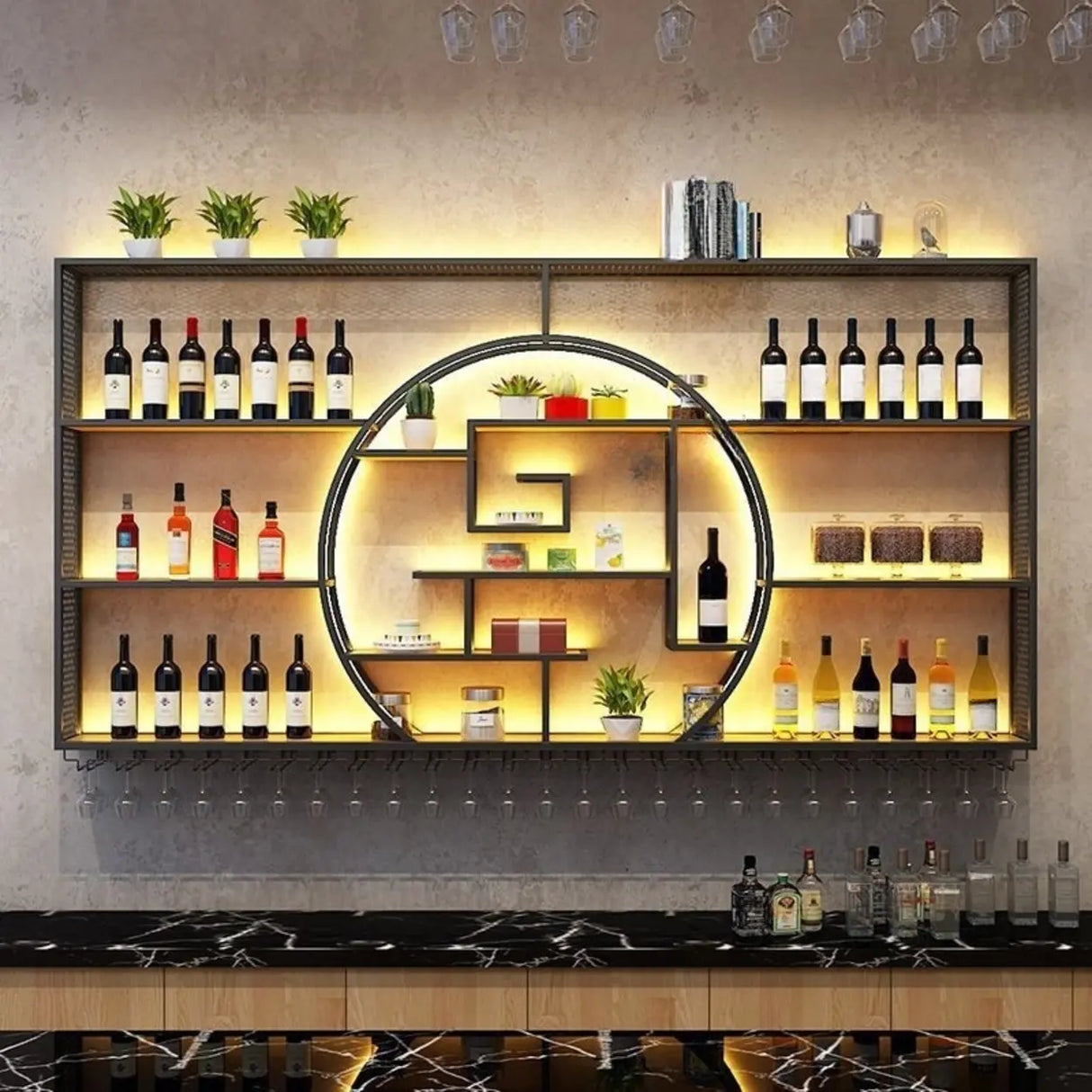 Black Circular Metal Wall Mounted Wine Rack with Lights Image - 5