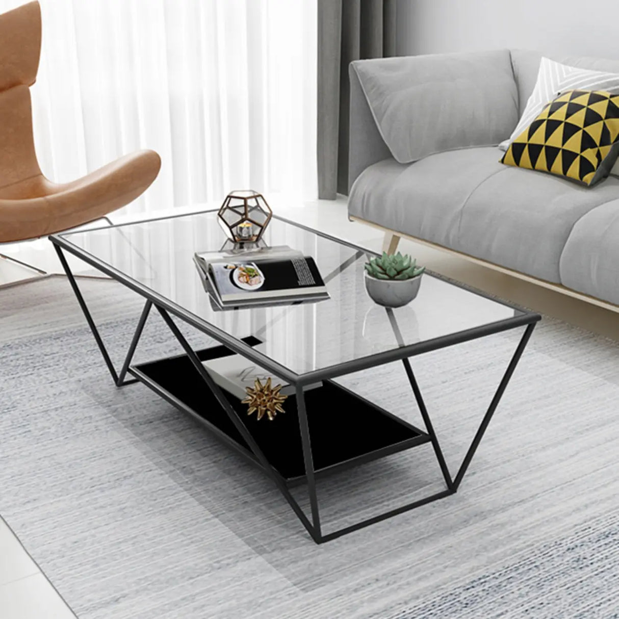 Black Clear Glass Top Rectangular Metal Single Table Image - 10