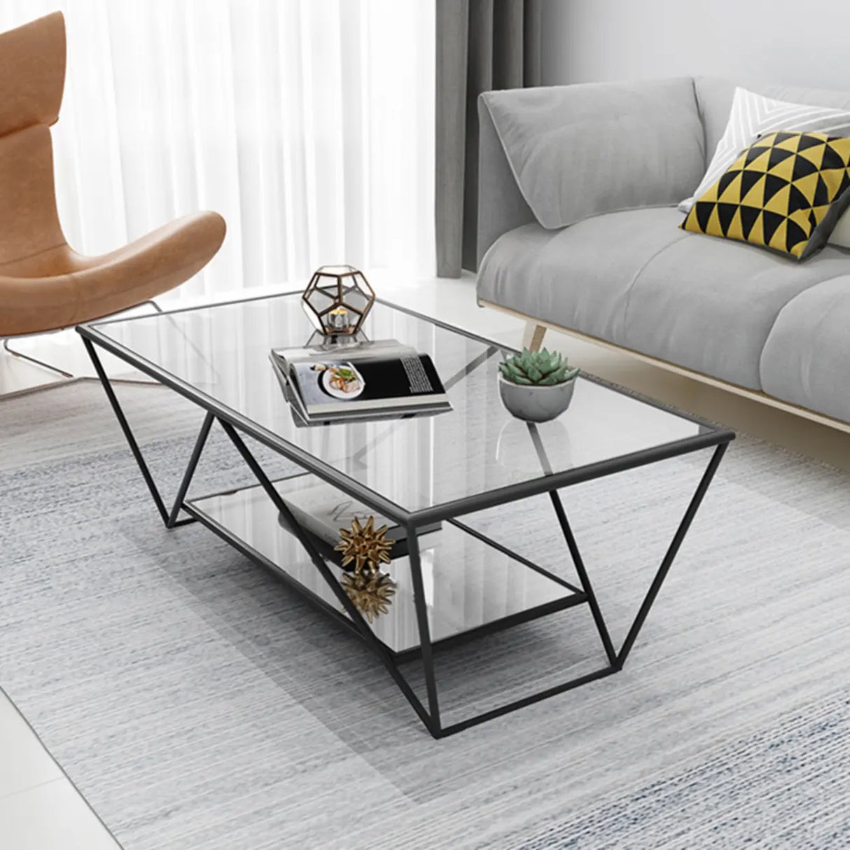 Black Clear Glass Top Rectangular Metal Single Table Image - 2