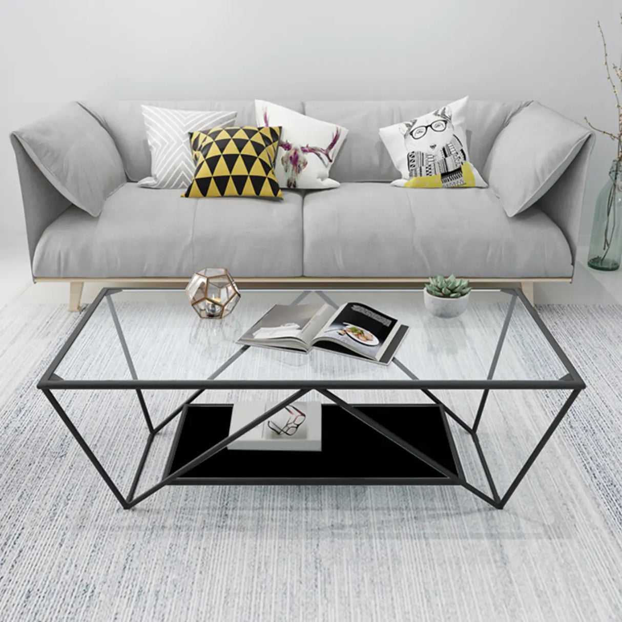 Black Clear Glass Top Rectangular Metal Single Table Image - 3