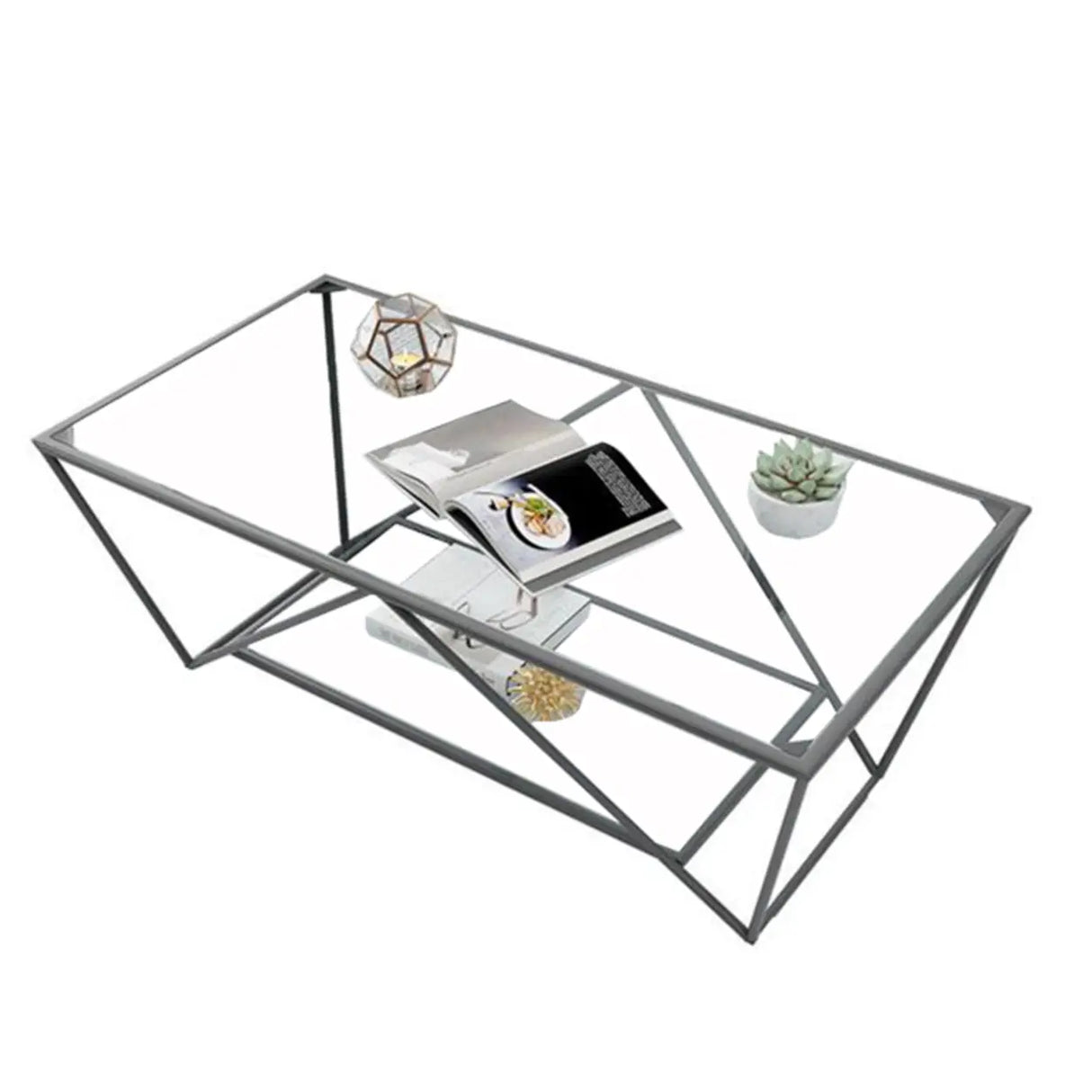 Black Clear Glass Top Rectangular Metal Single Table Image - 5