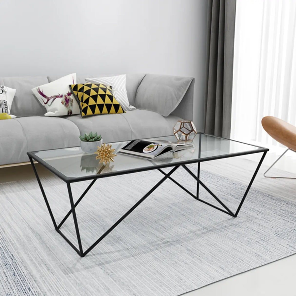 Black Clear Glass Top Rectangular Metal Single Table Image - 6