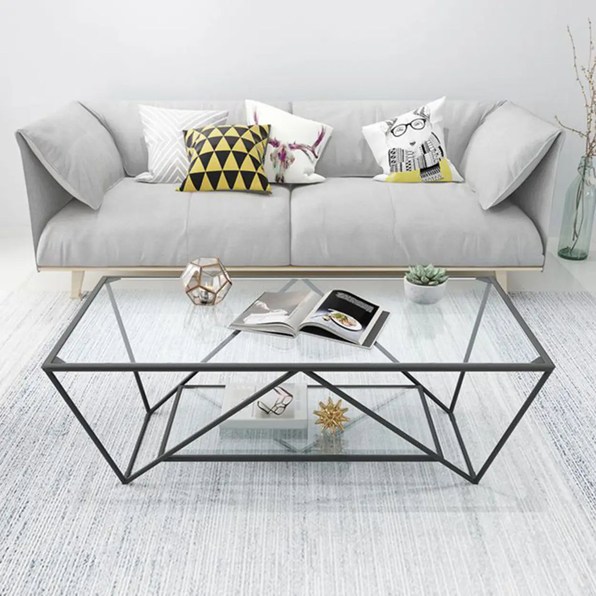 Black Clear Glass Top Rectangular Metal Single Table Image - 7