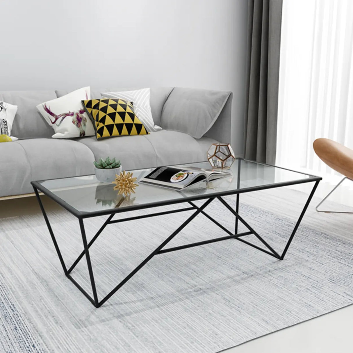 Black Clear Glass Top Rectangular Metal Single Table Image - 8