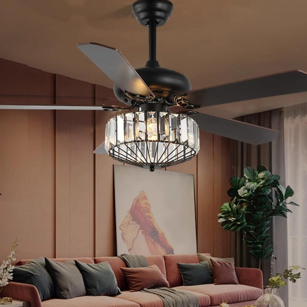 Black Crystal Windmill 5 Blades Ceiling Fan with Light Image - 4