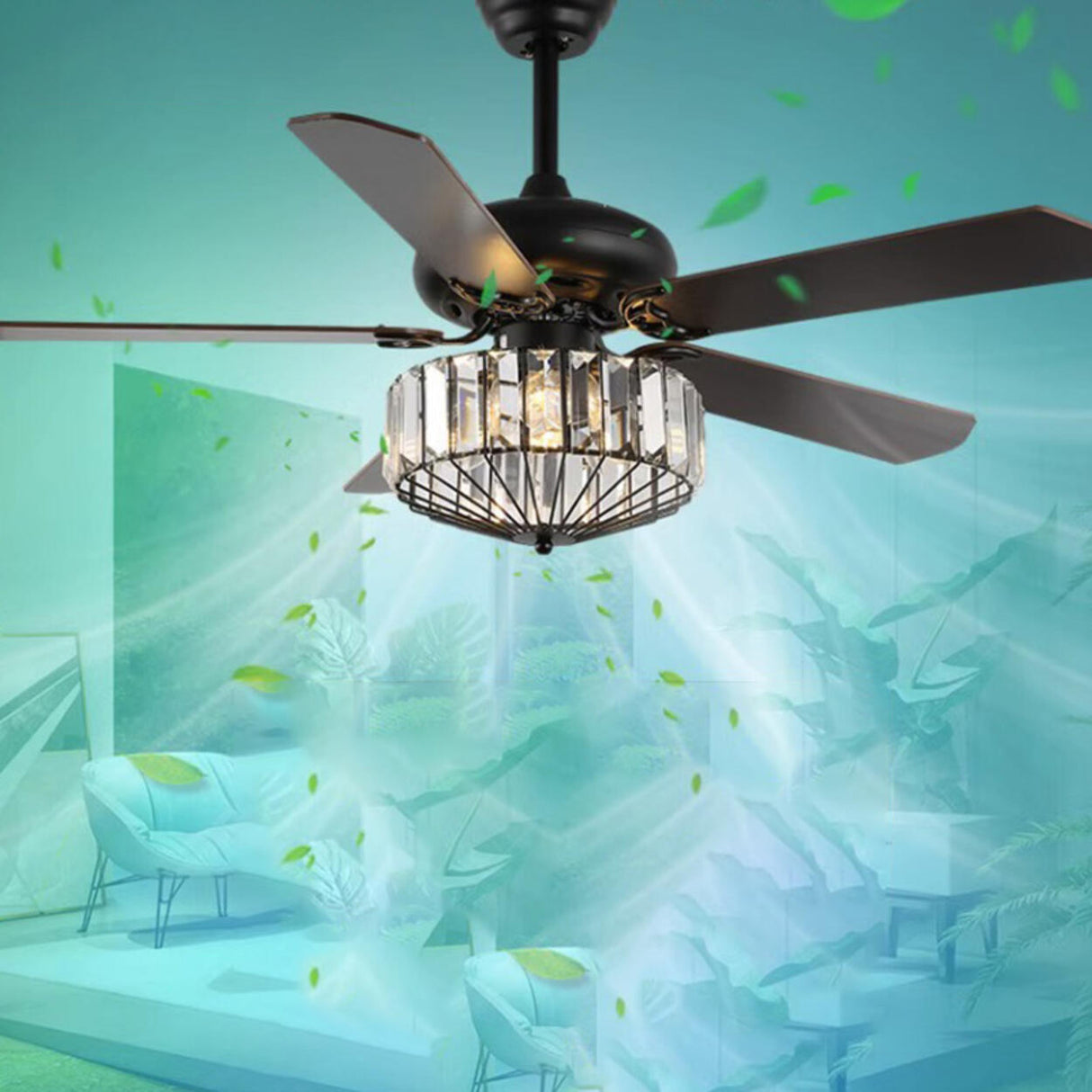 Black Crystal Windmill 5 Blades Ceiling Fan with Light Image - 5