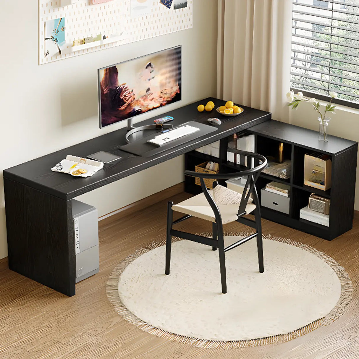 Black Deep L-Shape Wooden Computer Desk With Shelves Image - 1