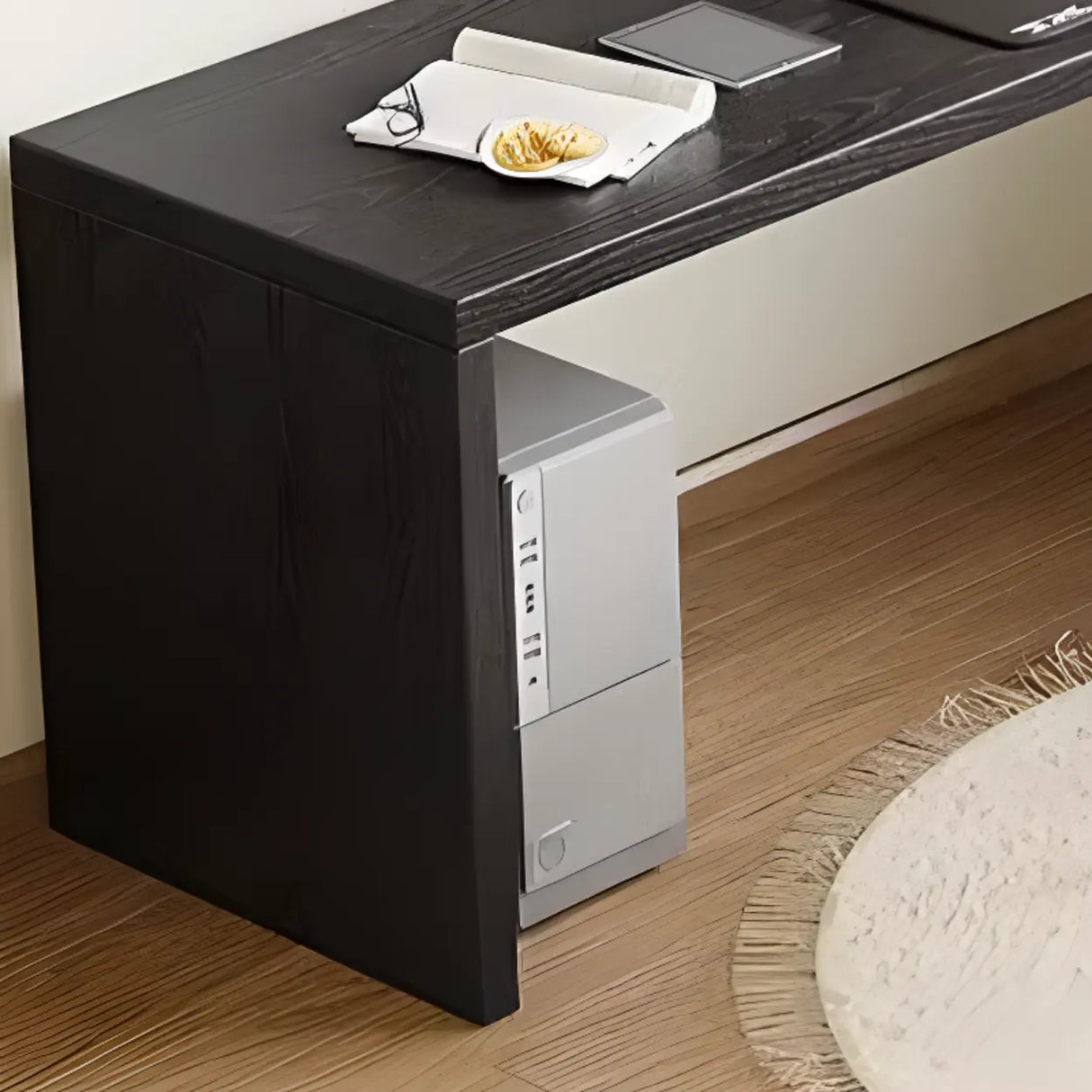 Black Deep L-Shape Wooden Computer Desk With Shelves Image - 2