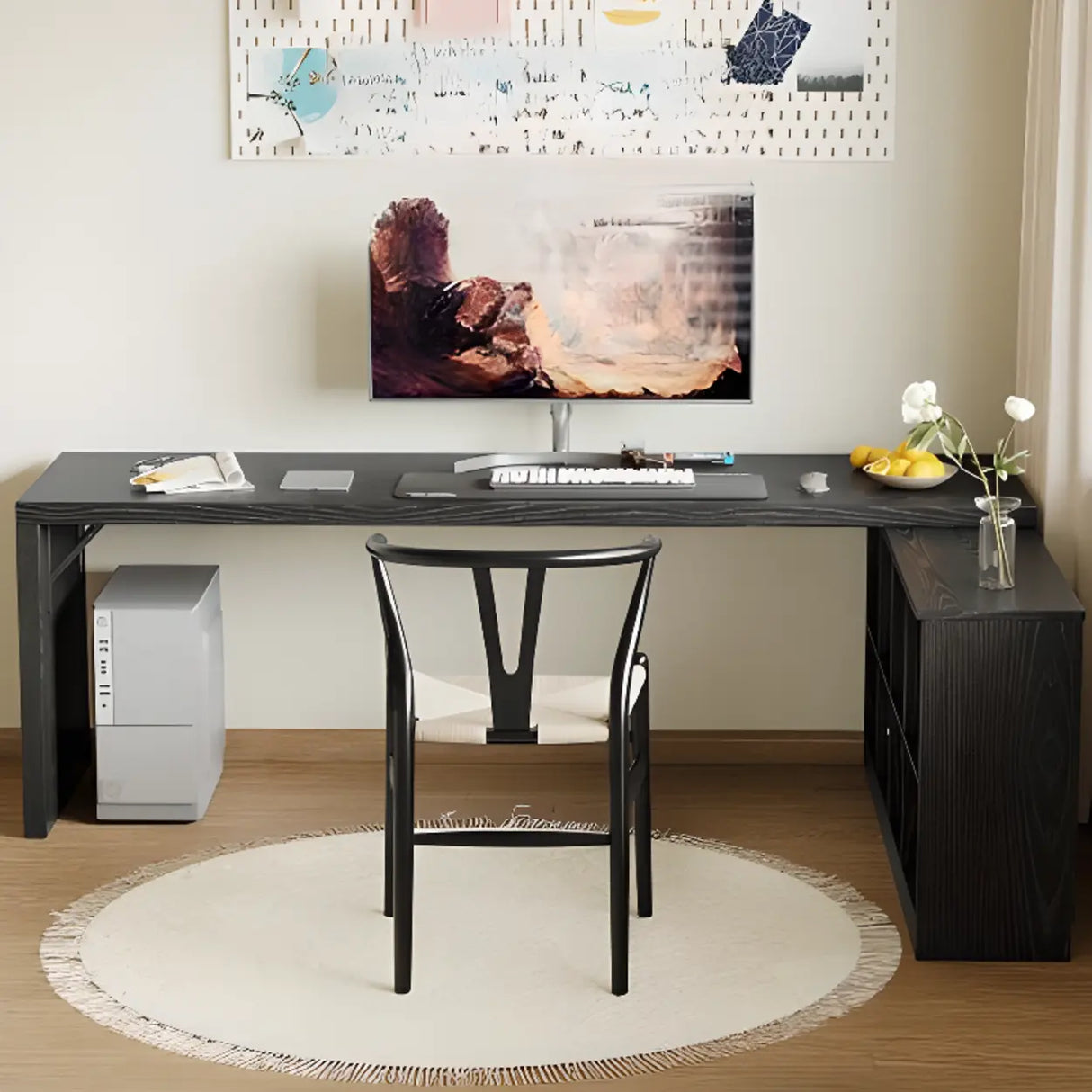 Black Deep L-Shape Wooden Computer Desk With Shelves Image - 3