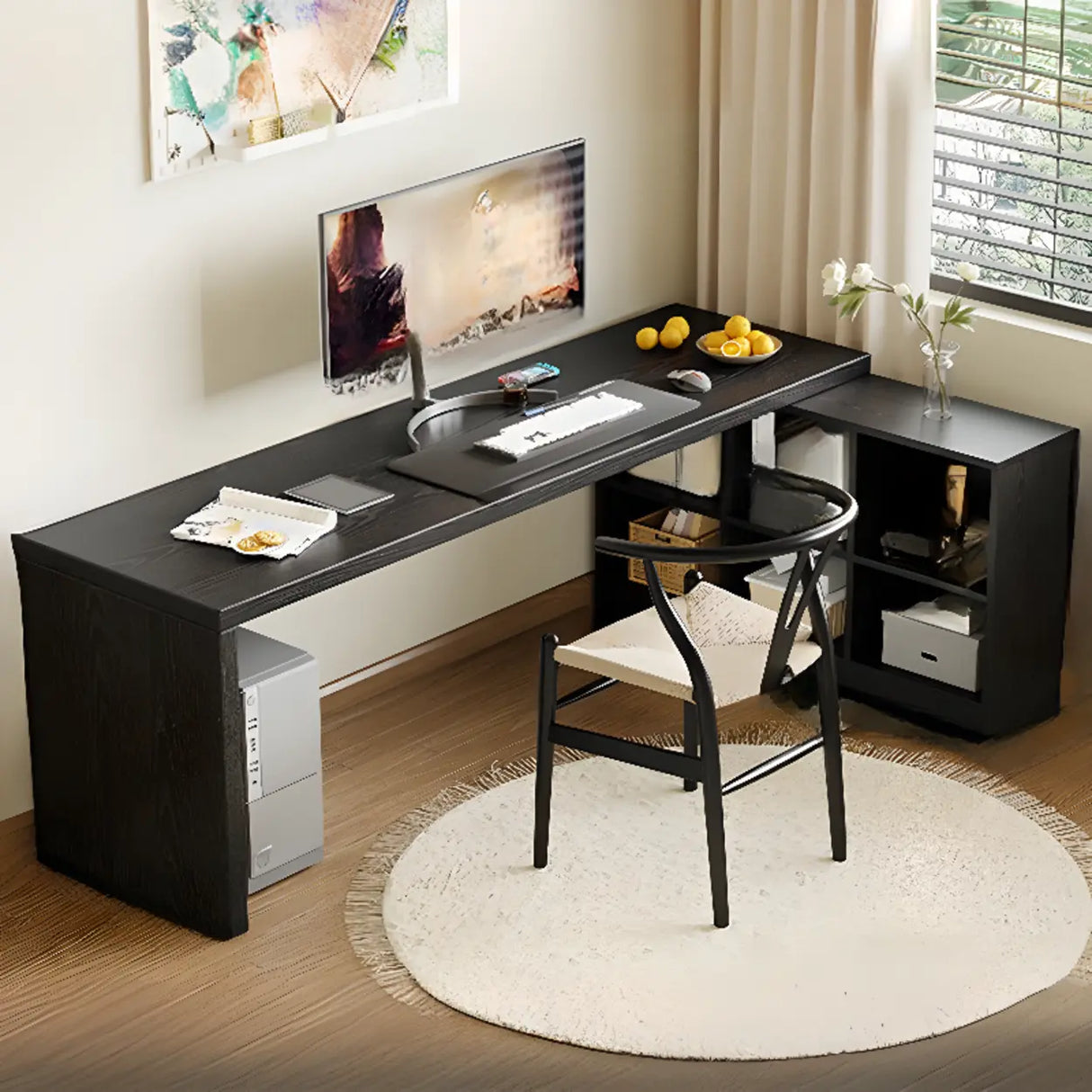 Black Deep L-Shape Wooden Computer Desk With Shelves Image - 4