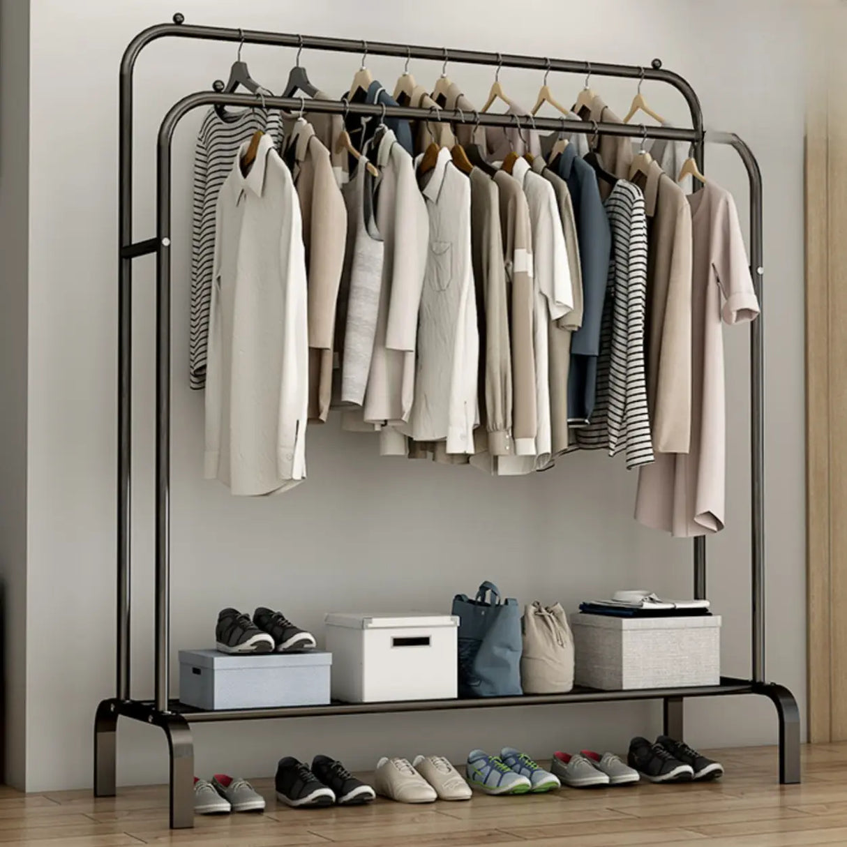 Black Double Rail Metal Freestanding Hooks Closet Rack Image - 1