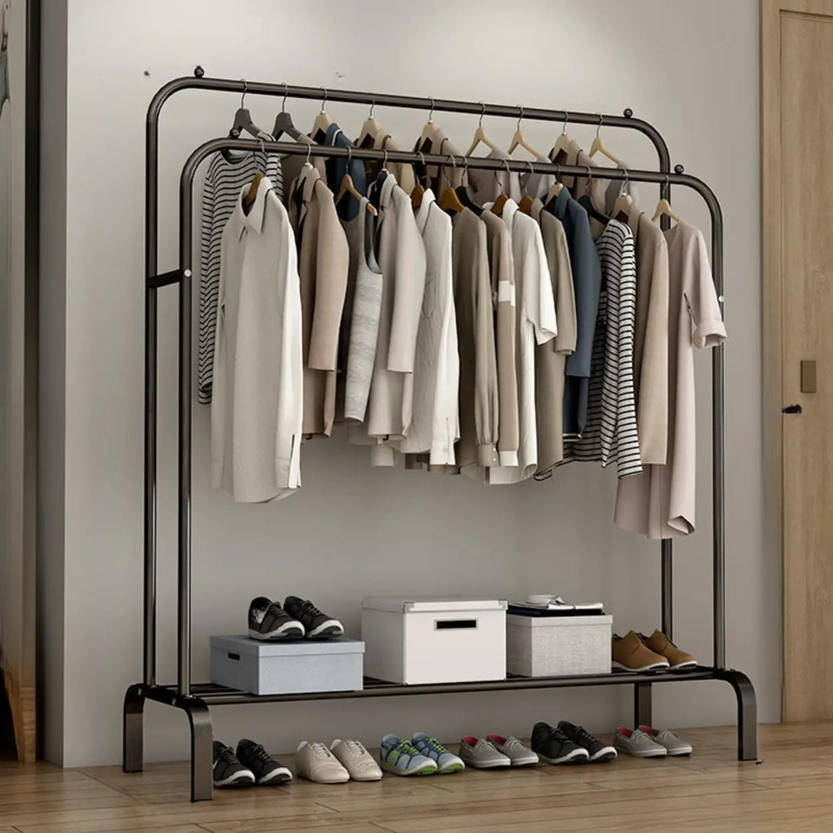Black Double Rail Metal Freestanding Hooks Closet Rack Image - 2