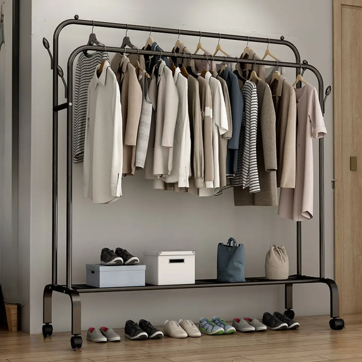 Black Double Rail Metal Freestanding Hooks Closet Rack Image - 8