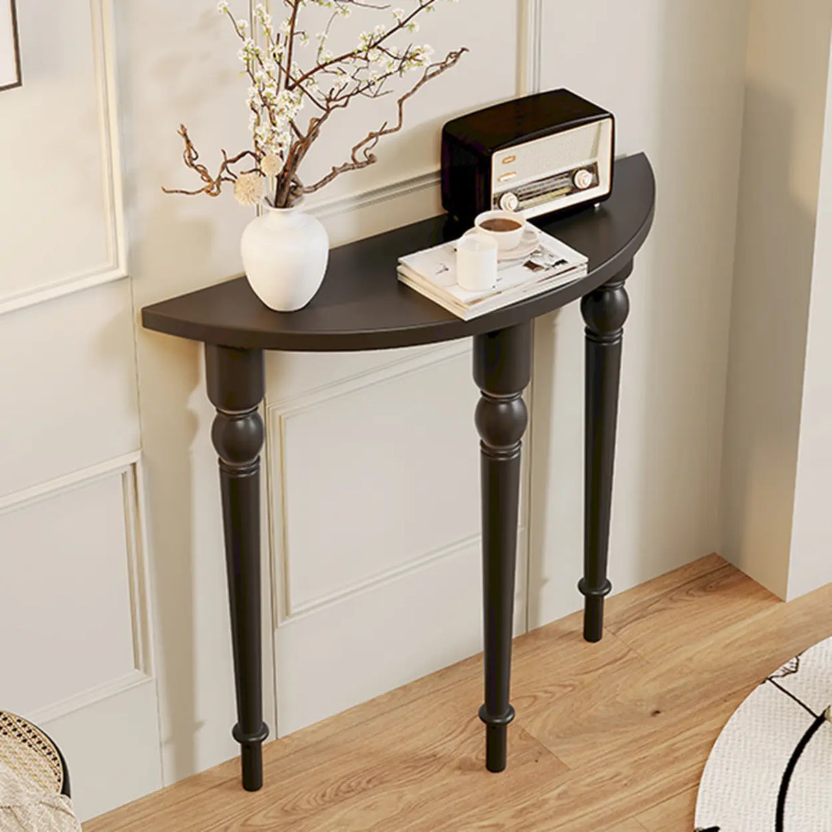 Black Entryway Half Moon Pine Three Legs Console Table Image - 1
