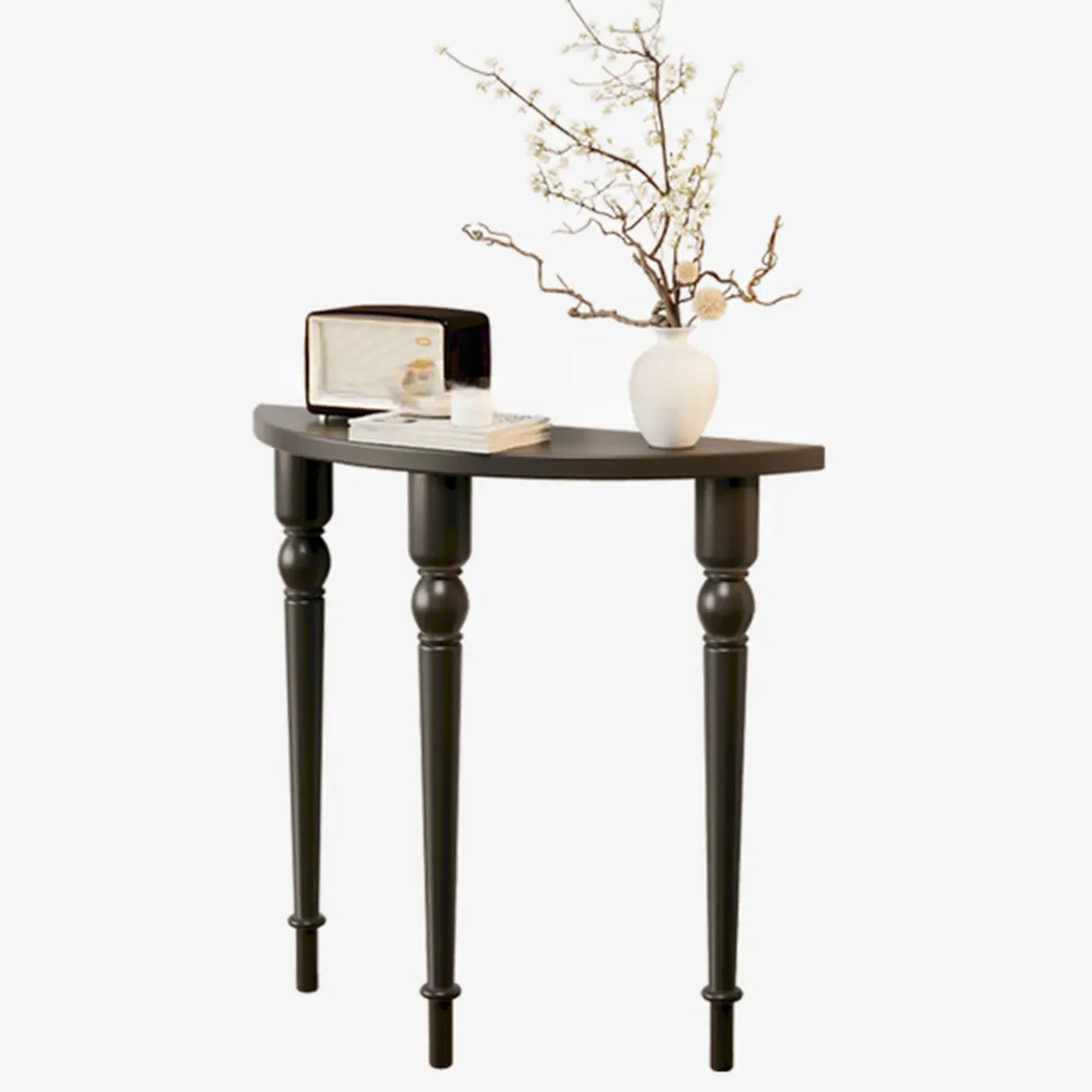 Black Entryway Half Moon Pine Three Legs Console Table Image - 2