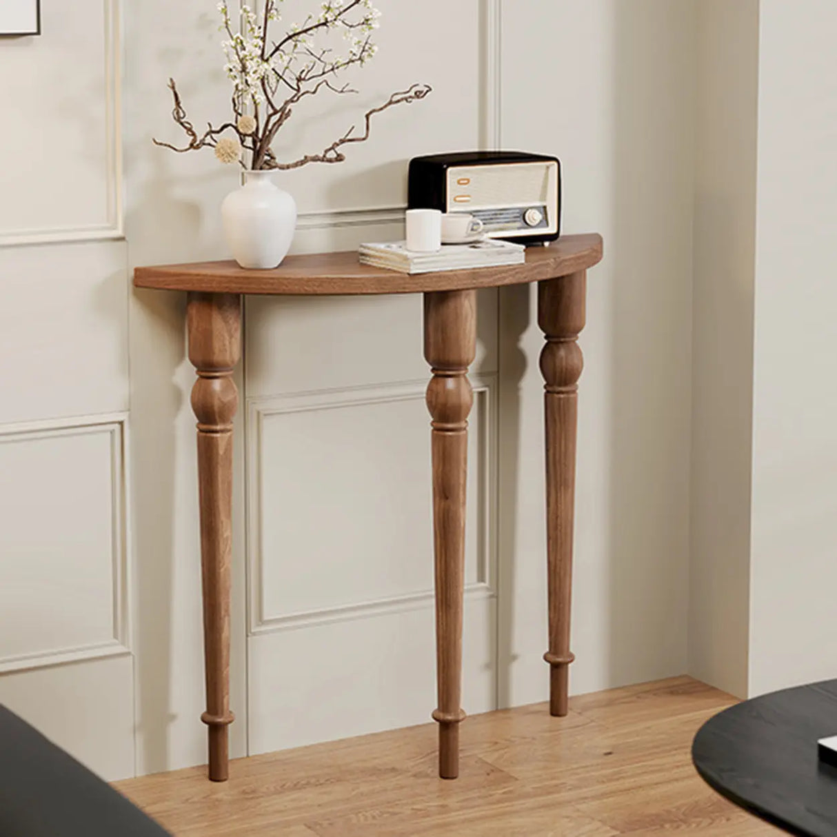 Black Entryway Half Moon Pine Three Legs Console Table Image - 4