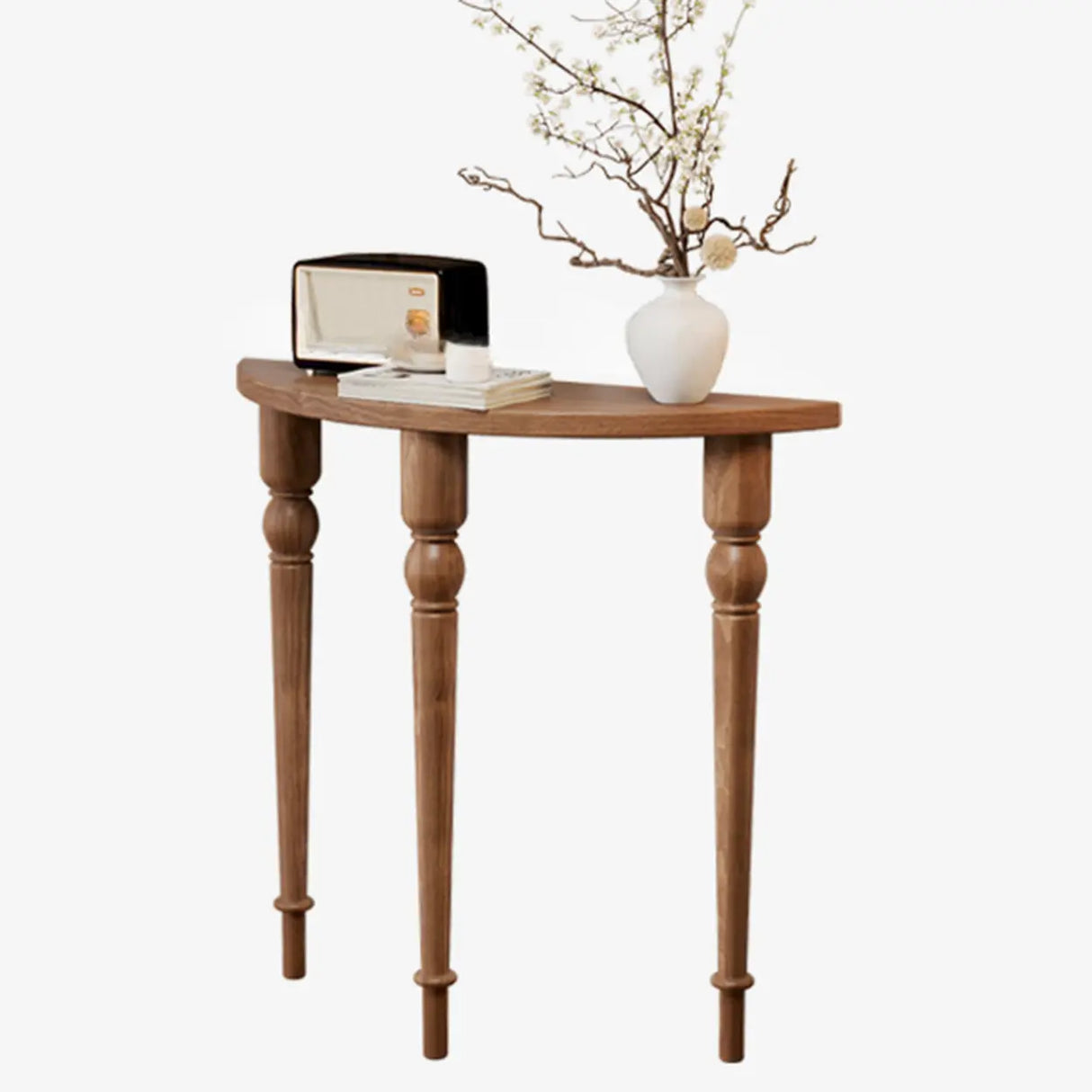 Black Entryway Half Moon Pine Three Legs Console Table Image - 5