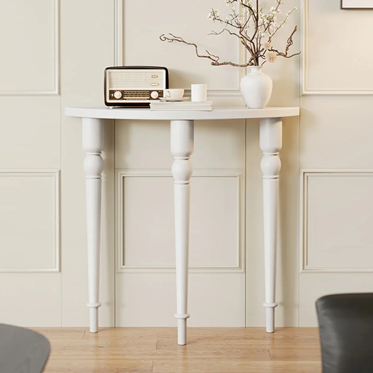 Black Entryway Half Moon Pine Three Legs Console Table Image - 6