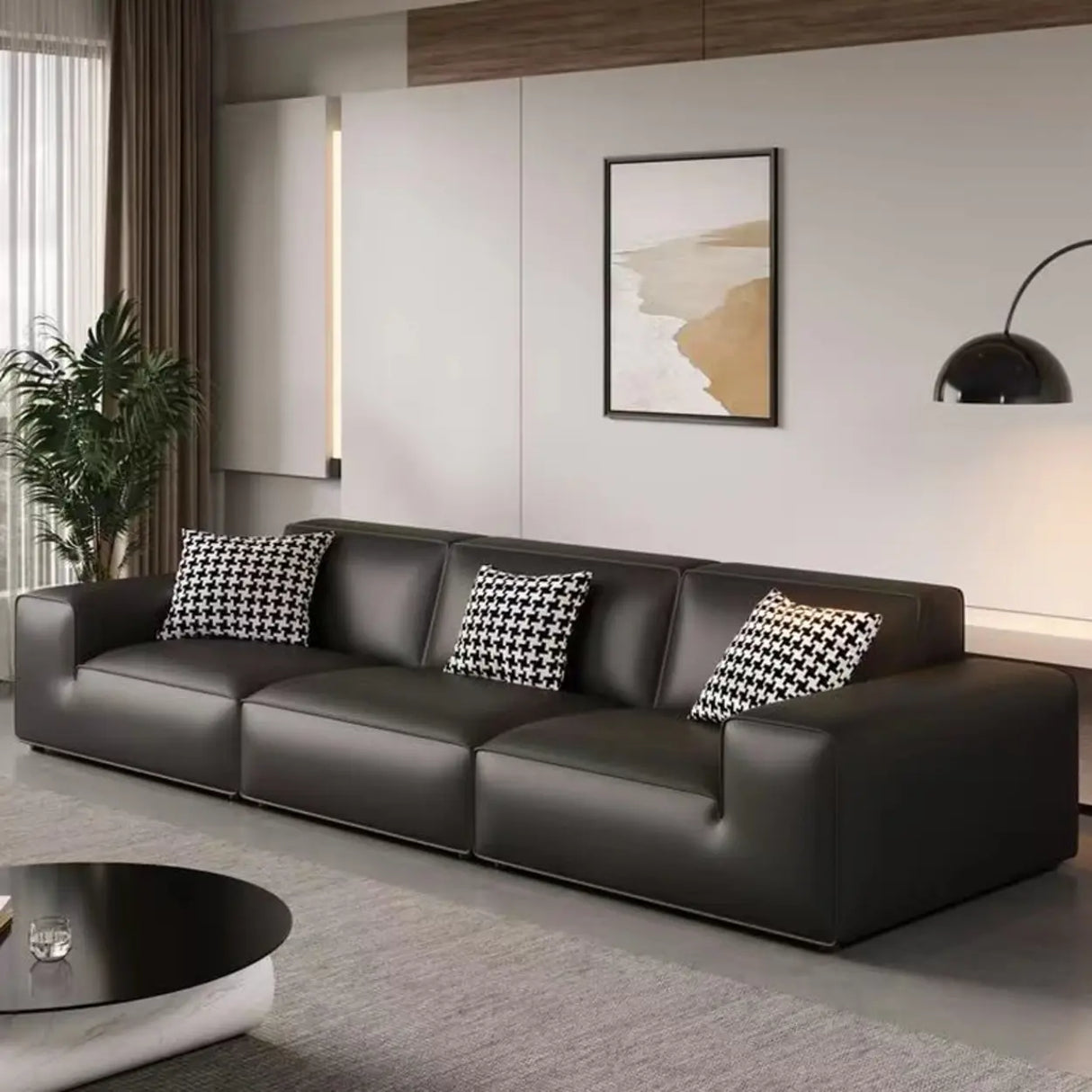 Black Faux Leather Square Arm Concealed Support Sofa Image - 4