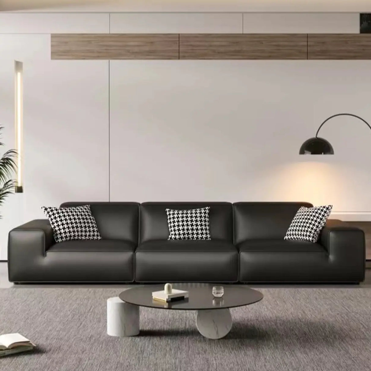 Black Faux Leather Square Arm Concealed Support Sofa Image - 6