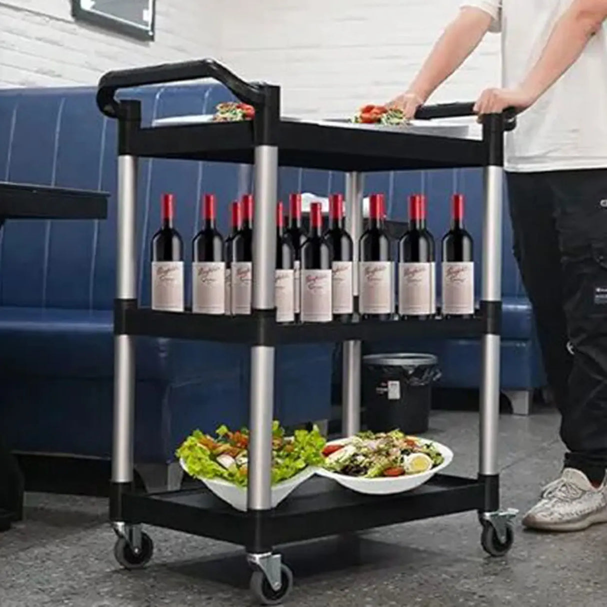 Black Finish Three Shelves Utility Cart with Wheels Image - 1