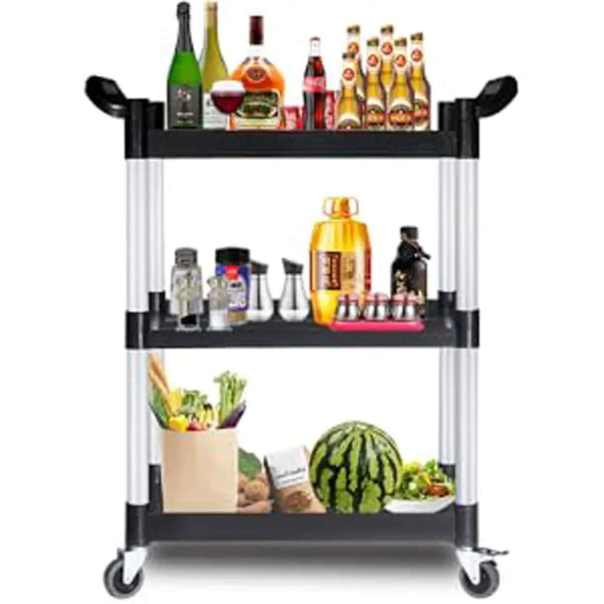Black Finish Three Shelves Utility Cart with Wheels Image - 4