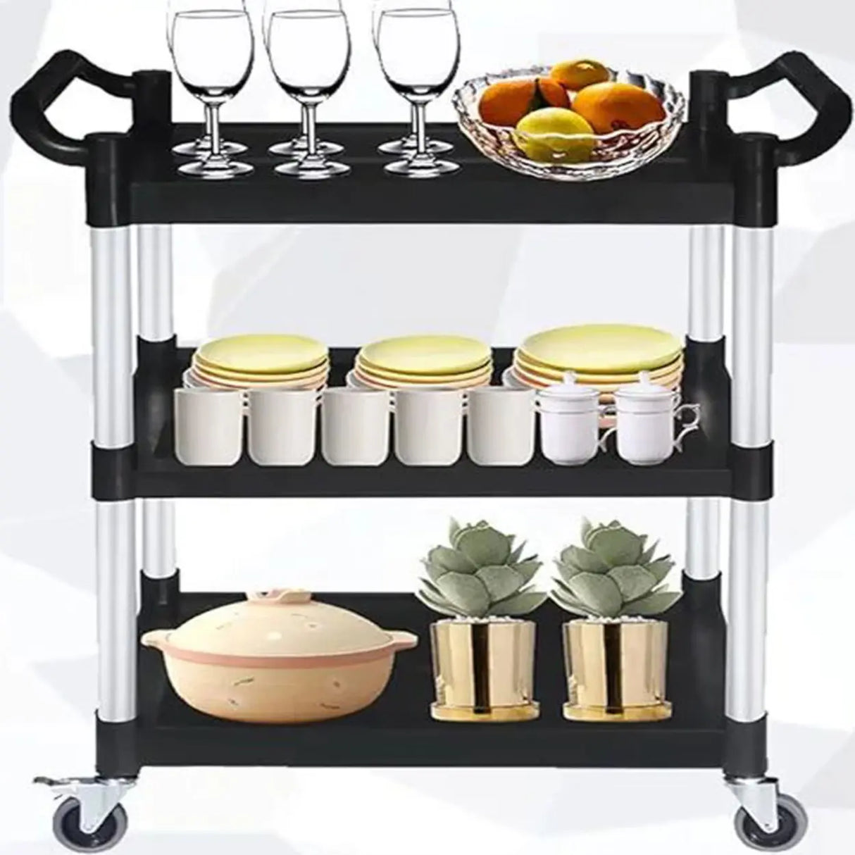 Black Finish Three Shelves Utility Cart with Wheels Image - 6