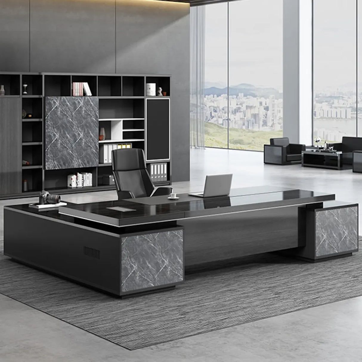 Black Finish Wood L-Shape Long Length Executive Desk Image - 1