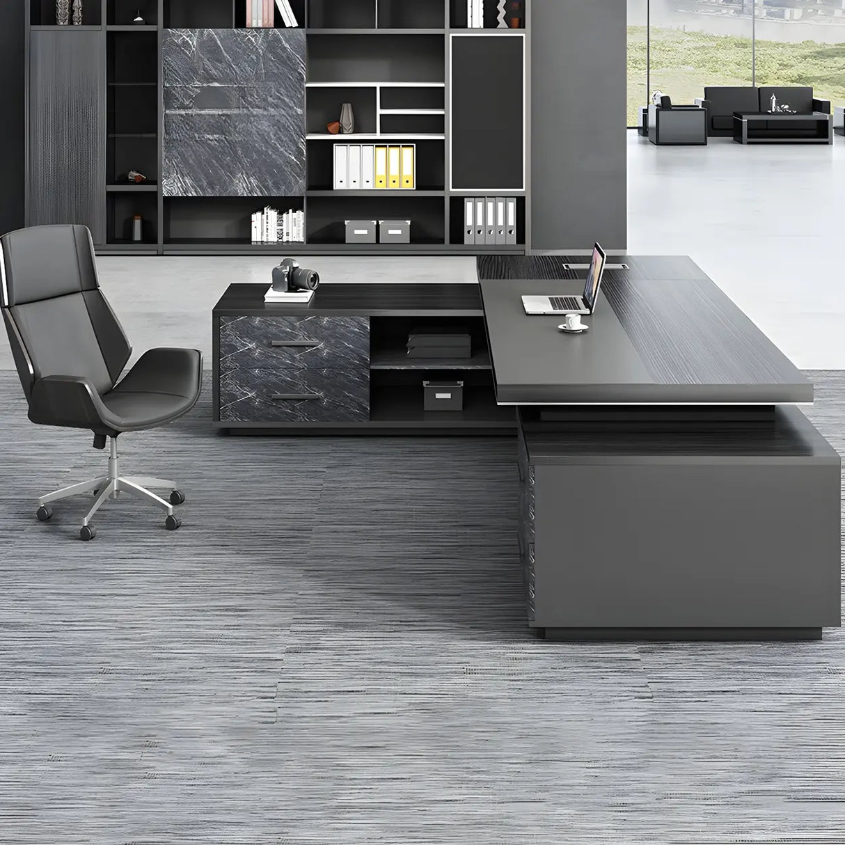 Black Finish Wood L-Shape Long Length Executive Desk Image - 10
