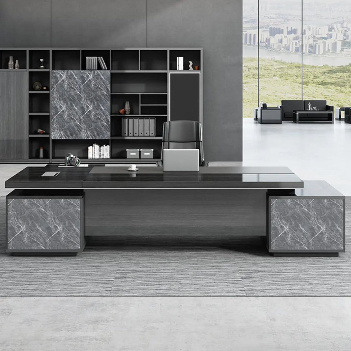 Black Finish Wood L-Shape Long Length Executive Desk Image - 2