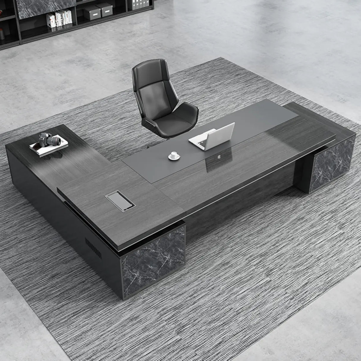 Black Finish Wood L-Shape Long Length Executive Desk Image - 3