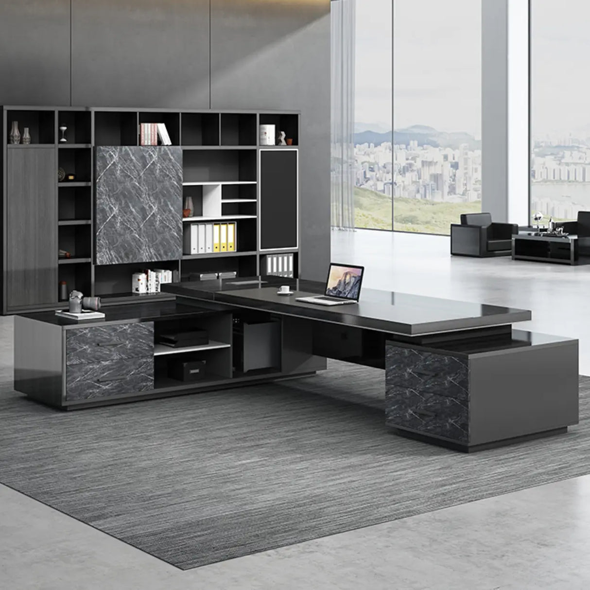 Black Finish Wood L-Shape Long Length Executive Desk Image - 4