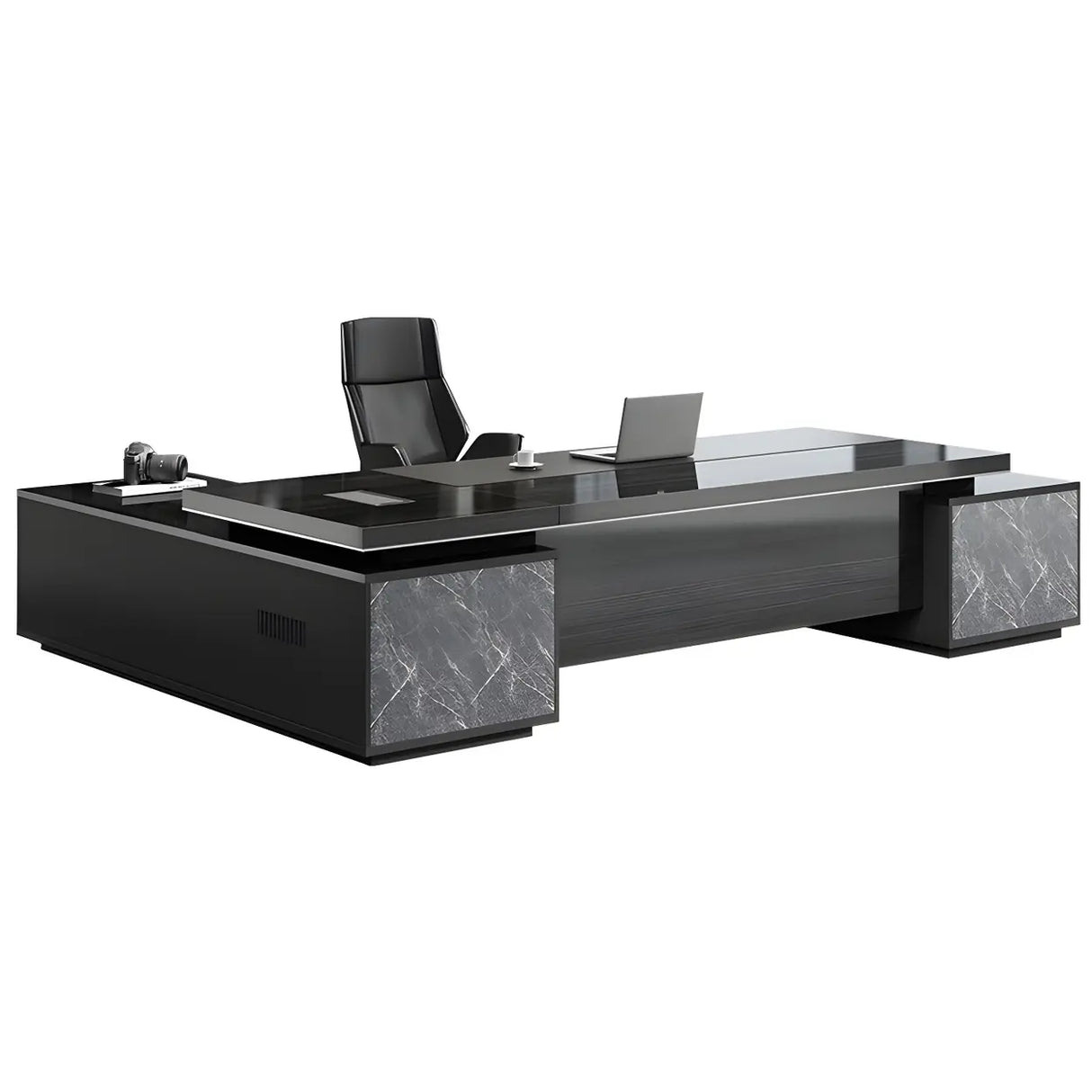 Black Finish Wood L-Shape Long Length Executive Desk Image - 5