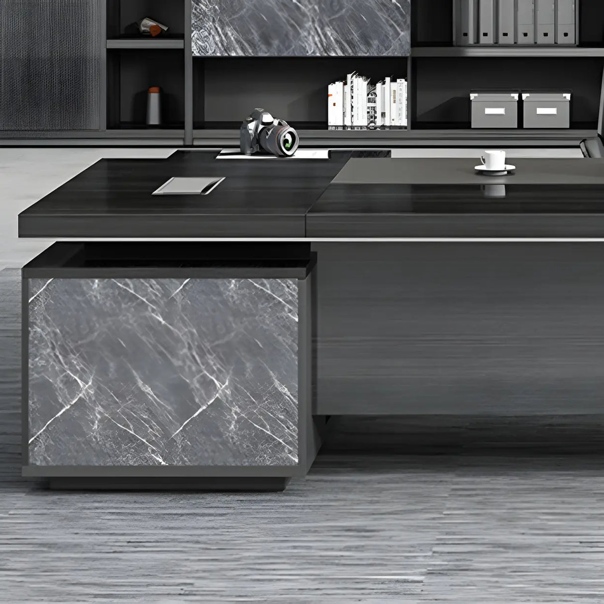 Black Finish Wood L-Shape Long Length Executive Desk Image - 7