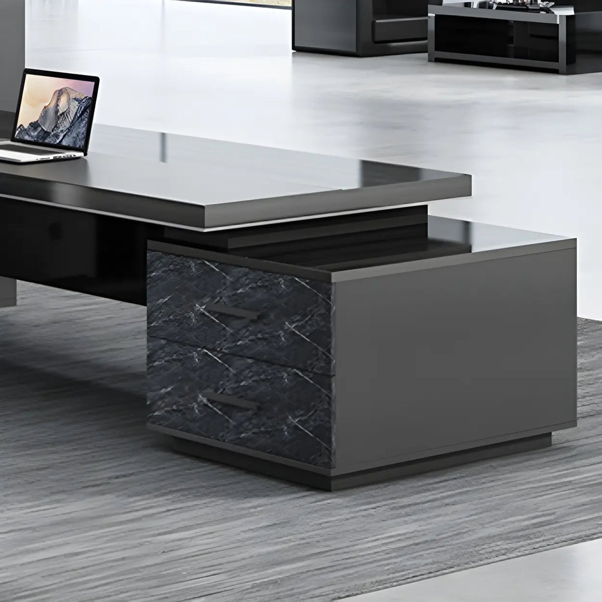 Black Finish Wood L-Shape Long Length Executive Desk Image - 8