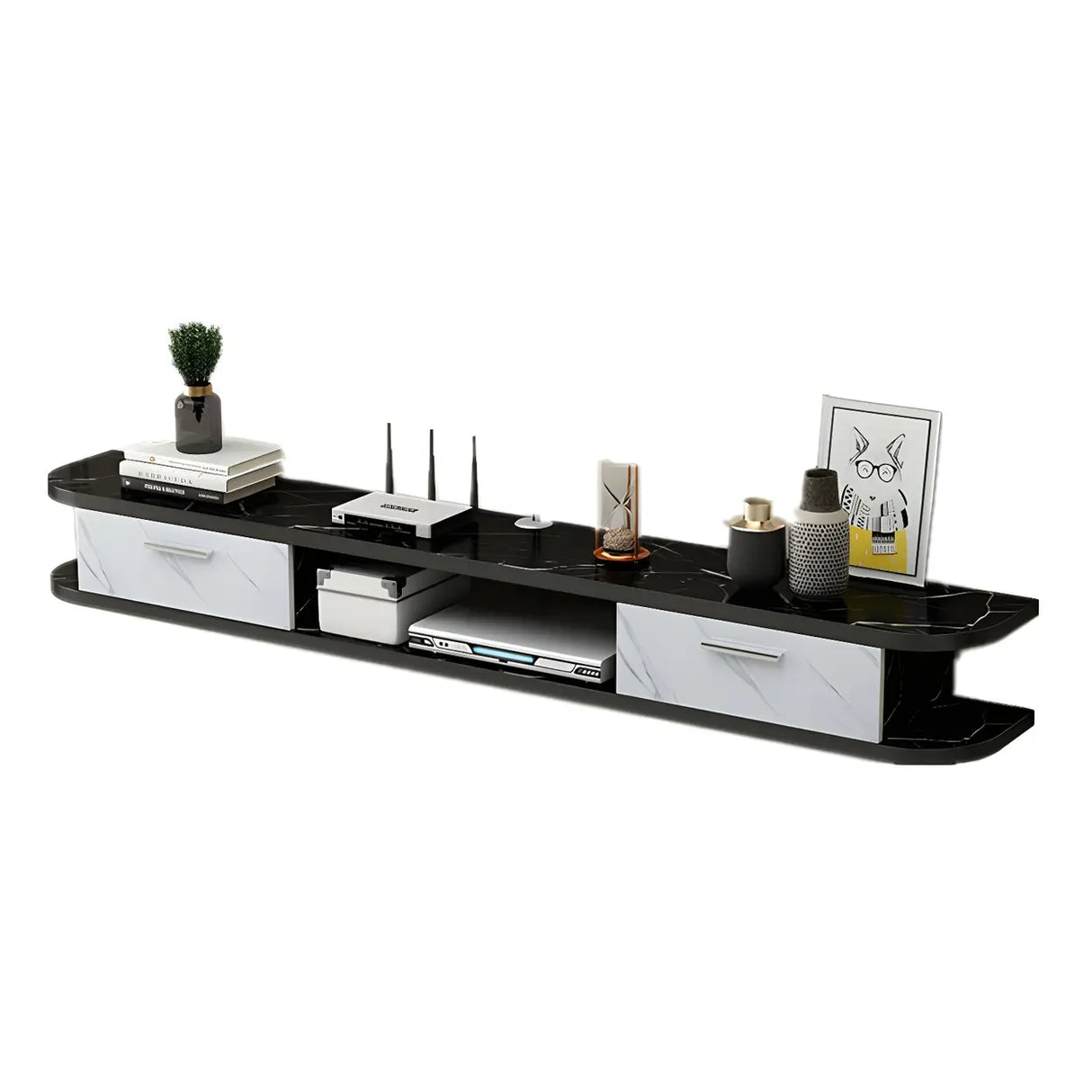 Black Floating Mount Wood Open Storage TV Stand Image - 10