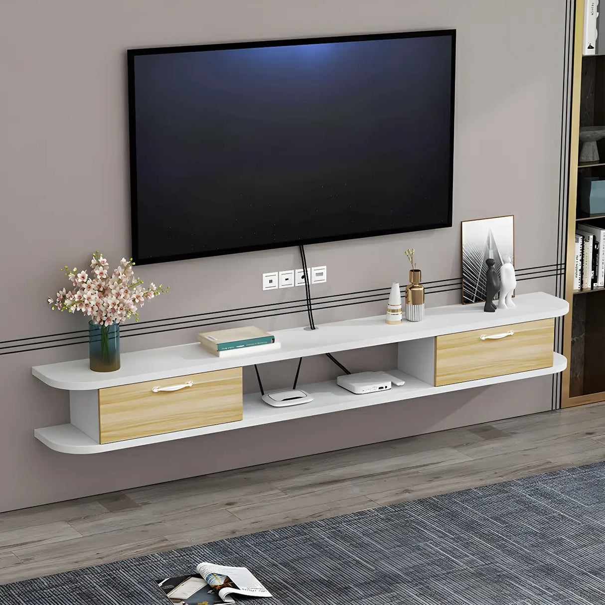 Black Floating Mount Wood Open Storage TV Stand Image - 11
