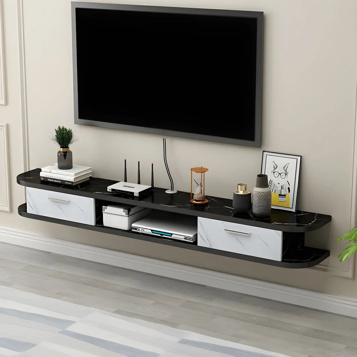 Black Floating Mount Wood Open Storage TV Stand Image - 13