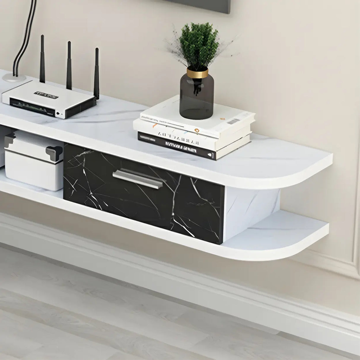 Black Floating Mount Wood Open Storage TV Stand Image - 14