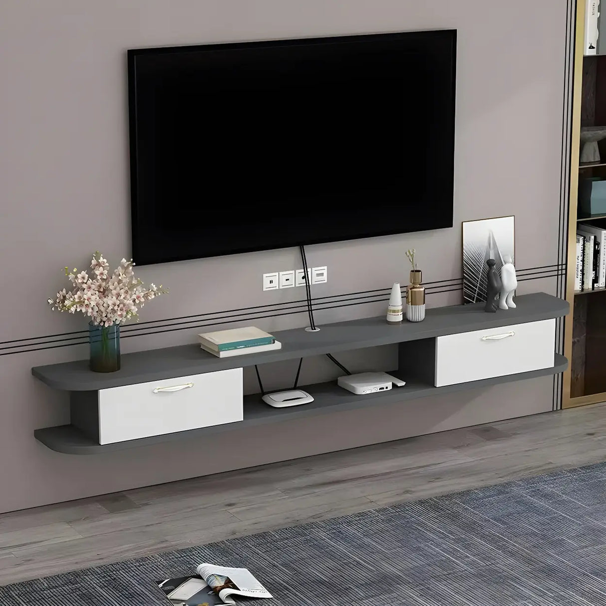 Black Floating Mount Wood Open Storage TV Stand Image - 15