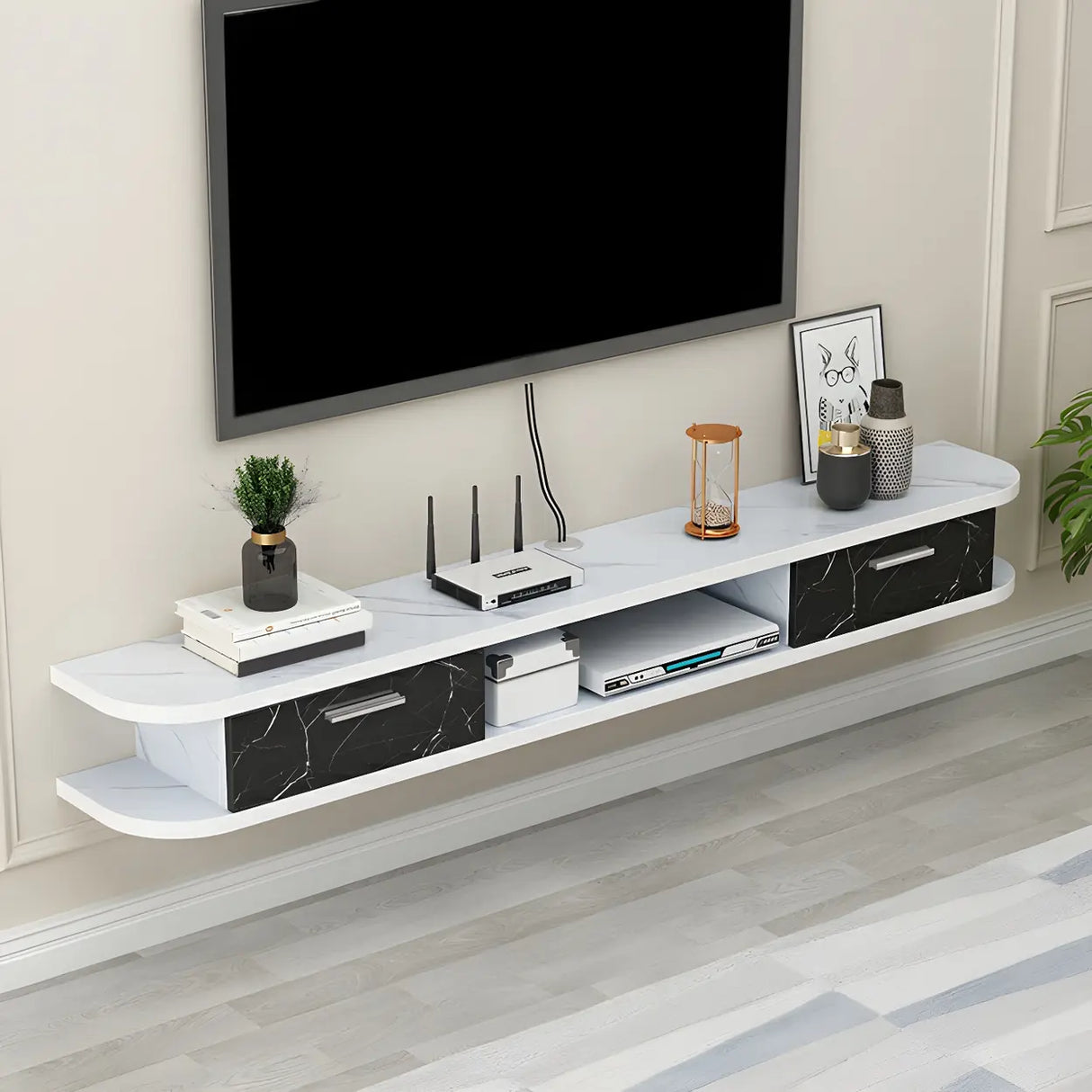 Black Floating Mount Wood Open Storage TV Stand Image - 3