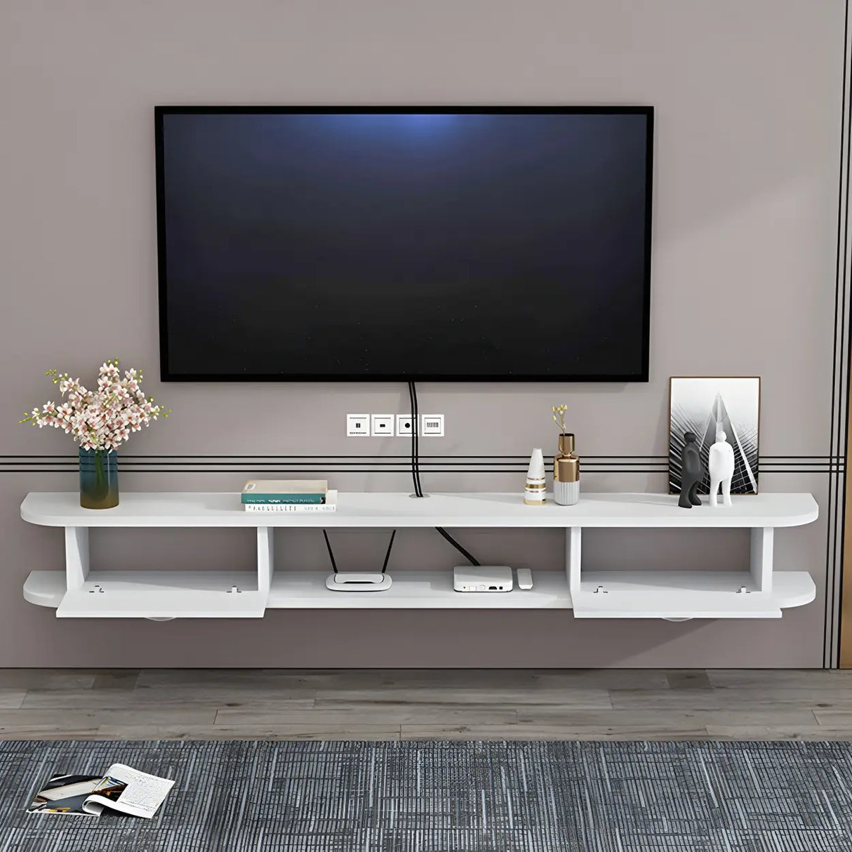 Black Floating Mount Wood Open Storage TV Stand Image - 4