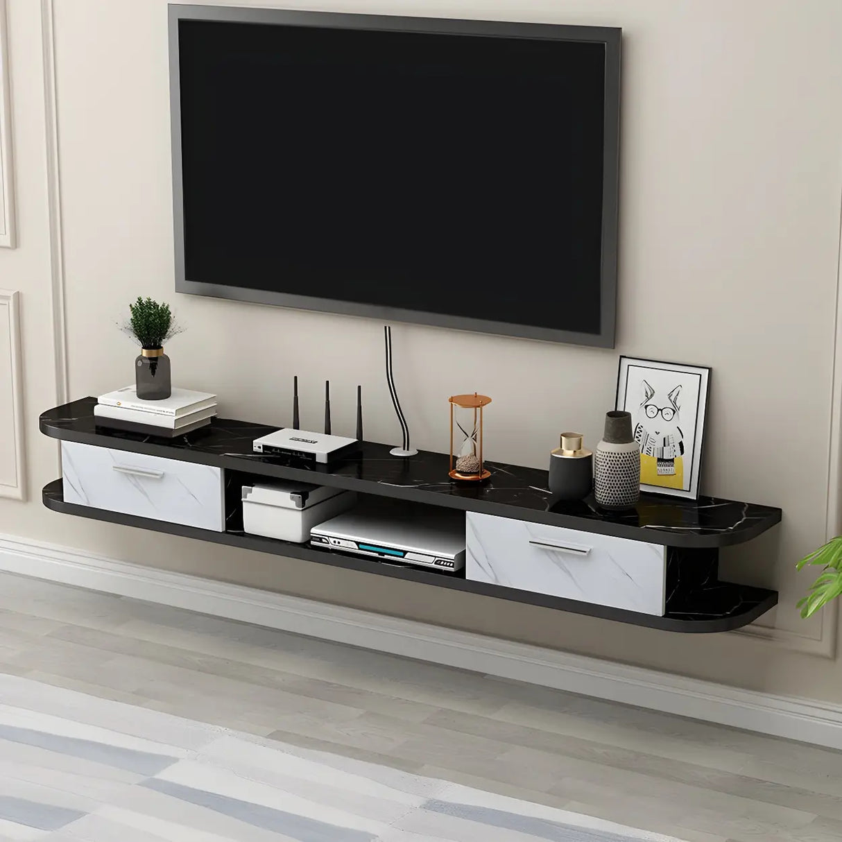 Black Floating Mount Wood Open Storage TV Stand Image - 6