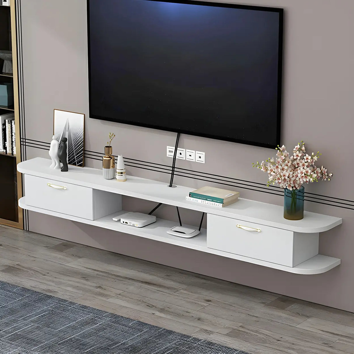 Black Floating Mount Wood Open Storage TV Stand Image - 8