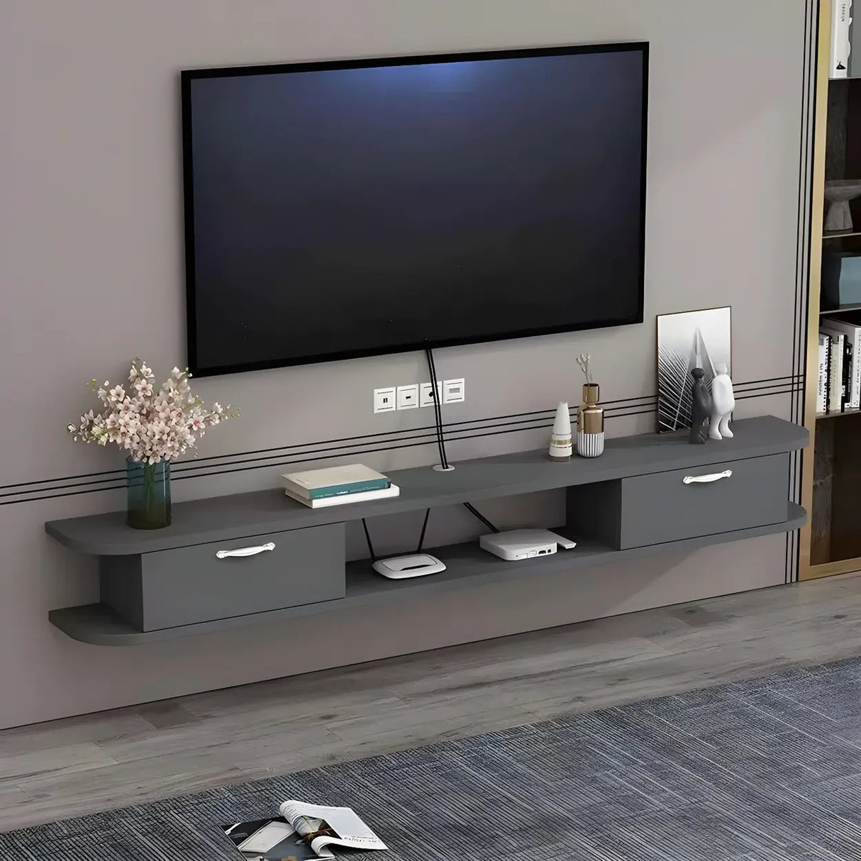 Black Floating Mount Wood Open Storage TV Stand Image - 9
