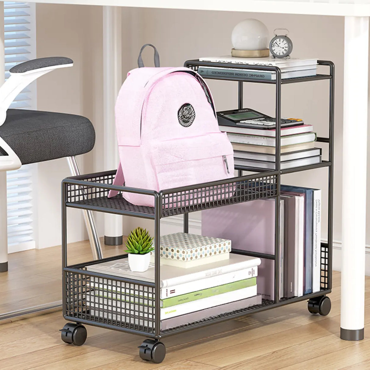 Black Freestanding Metal Utility Cart with Shelves Image - 1