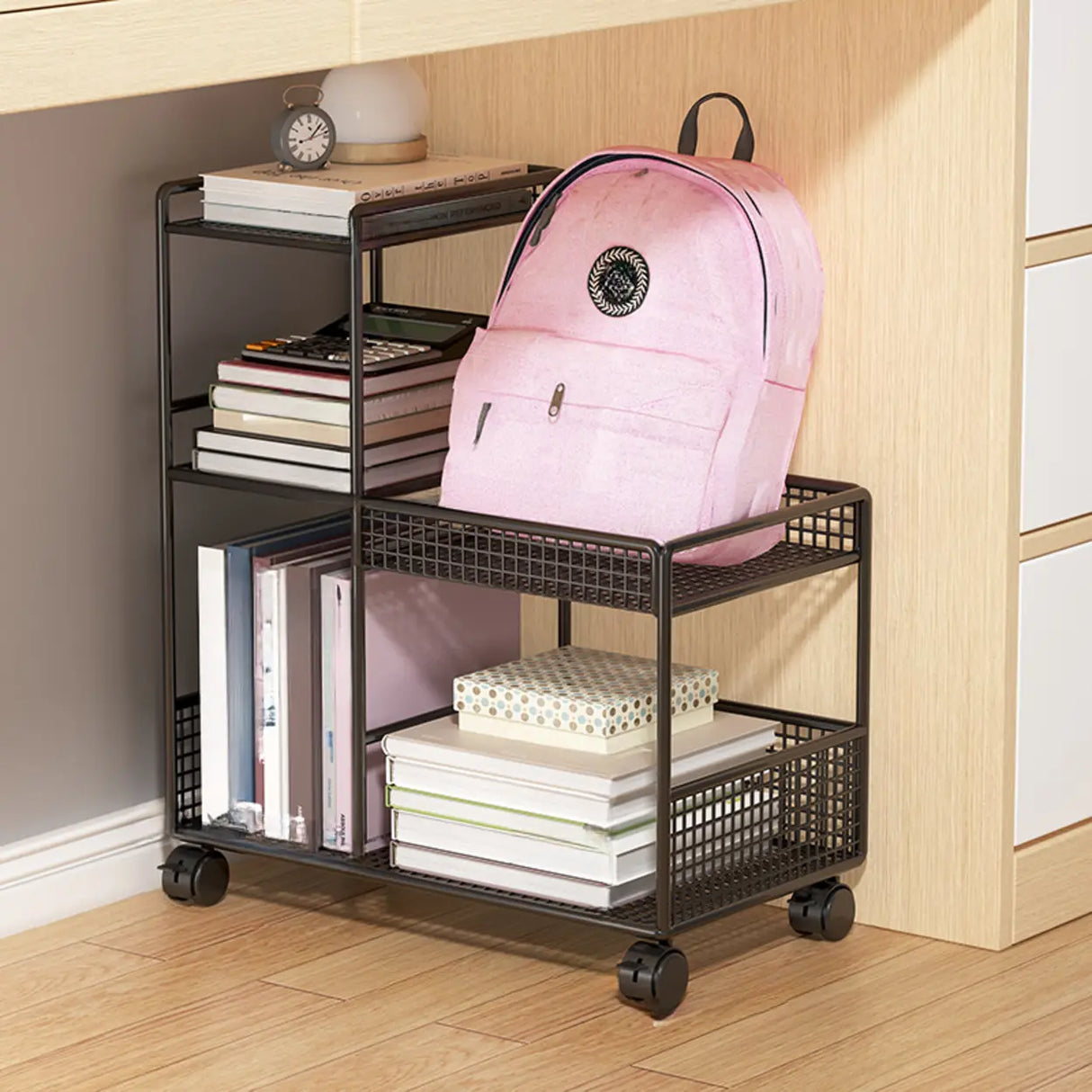 Black Freestanding Metal Utility Cart with Shelves Image - 3