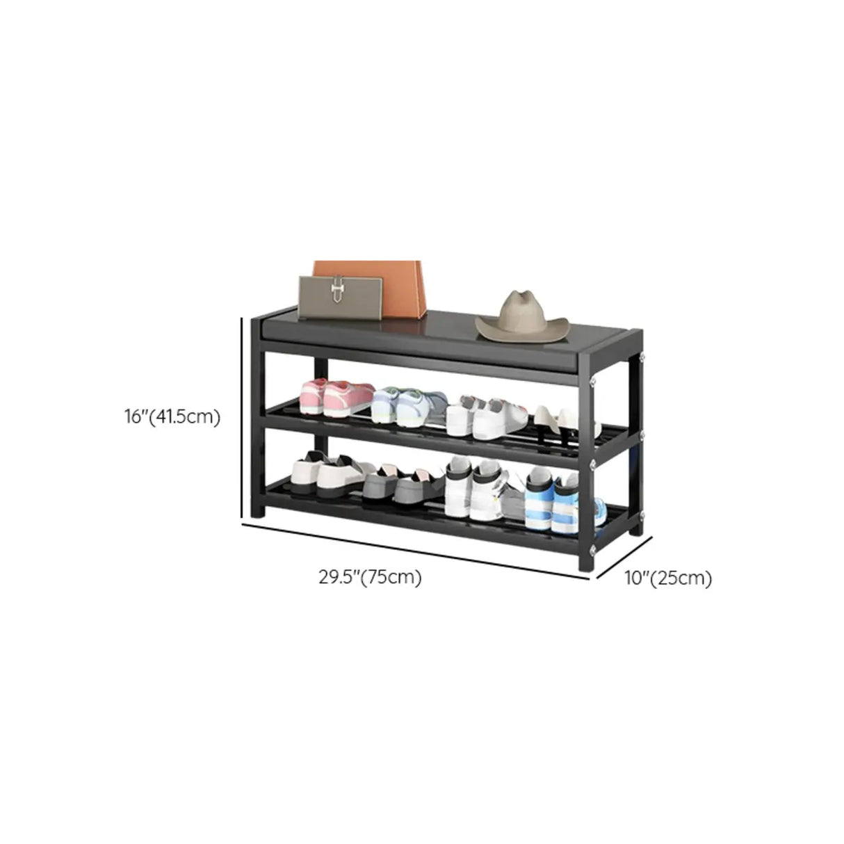 Black Freestanding Organizer Bench Metal Entryway Shoe Rack Image - 16