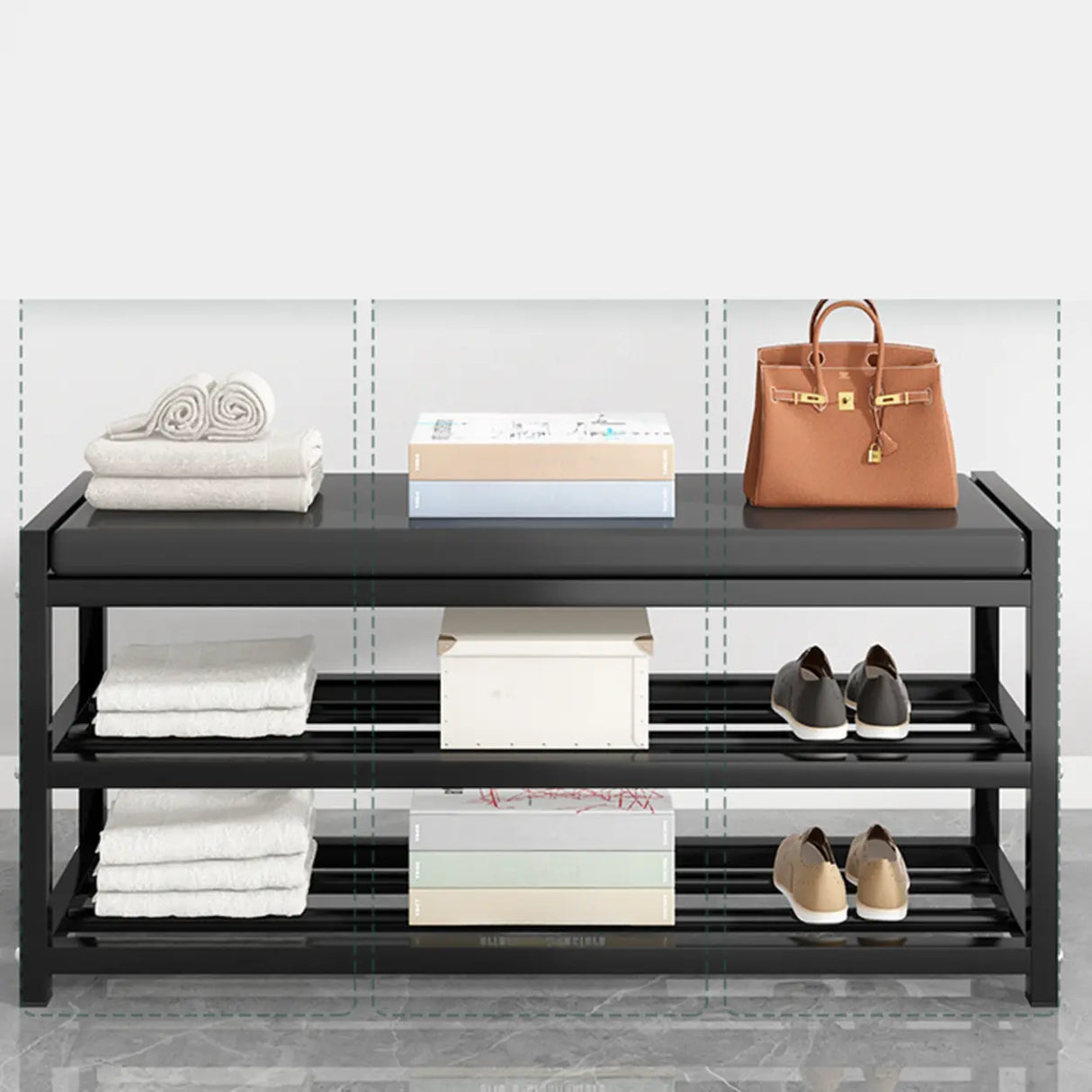 Black Freestanding Organizer Bench Metal Entryway Shoe Rack Image - 4